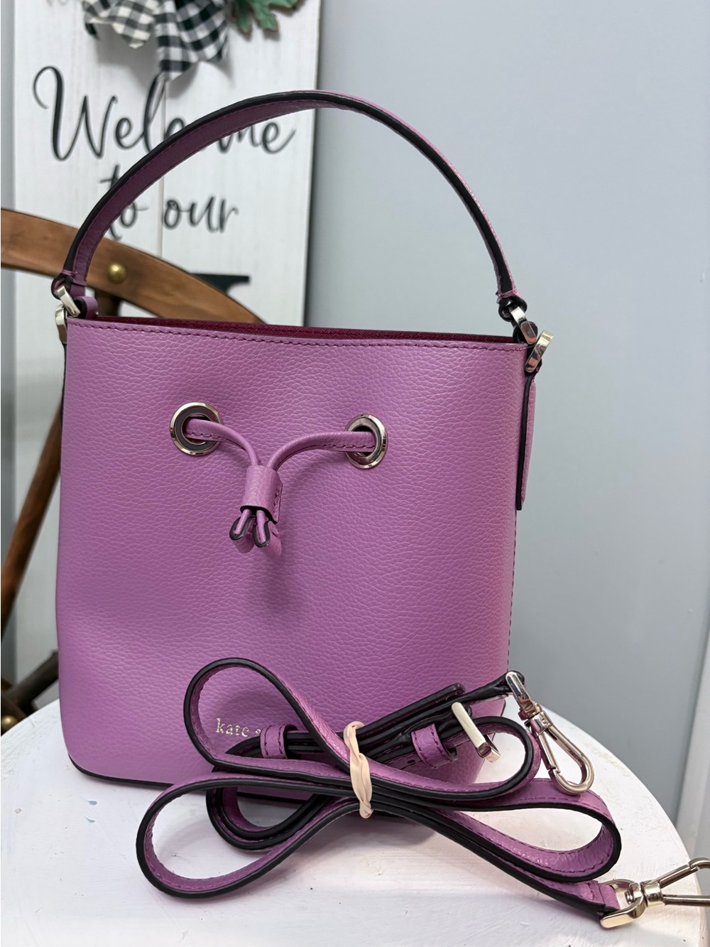 ♠️ KATE SPADE Purple Lilac Pebbled Leather Bucket Shoulder or Crossbody Mini Bag